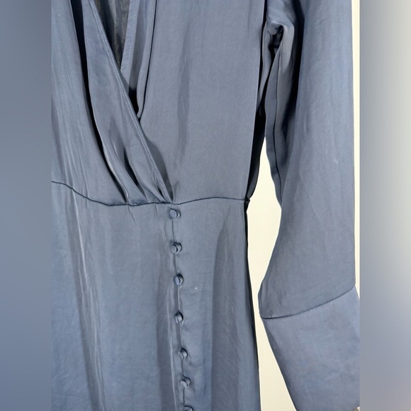 Zara Navy Satin Midi Faux Wrap Dress Button Slit Long Sleeve Navy Blue small - Picture 7 of 8